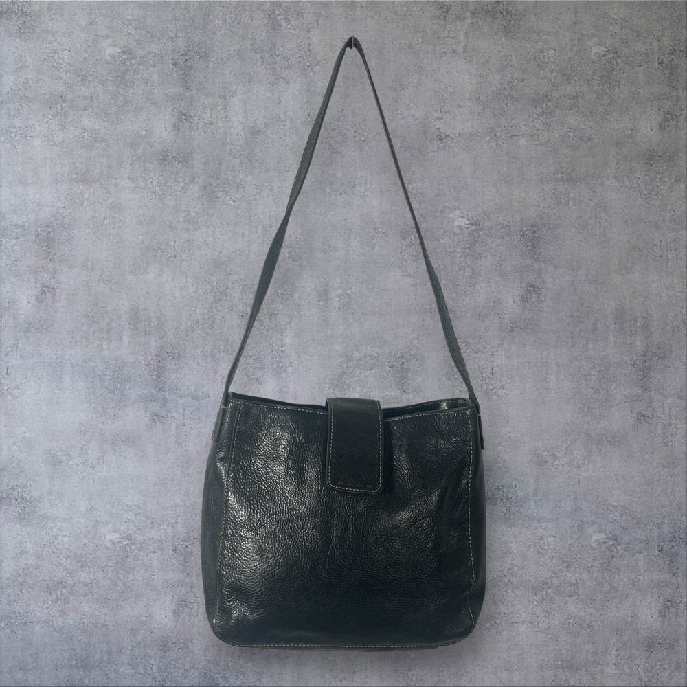 Vintage Fossil Black Leather Hobo Shoulder Bag Purse Contrast Stitching‎